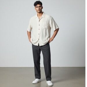 Eagle‎ Dry Goods Button Down Mens 2XL Cream Silk Striped Palm Tree Camp Shirt